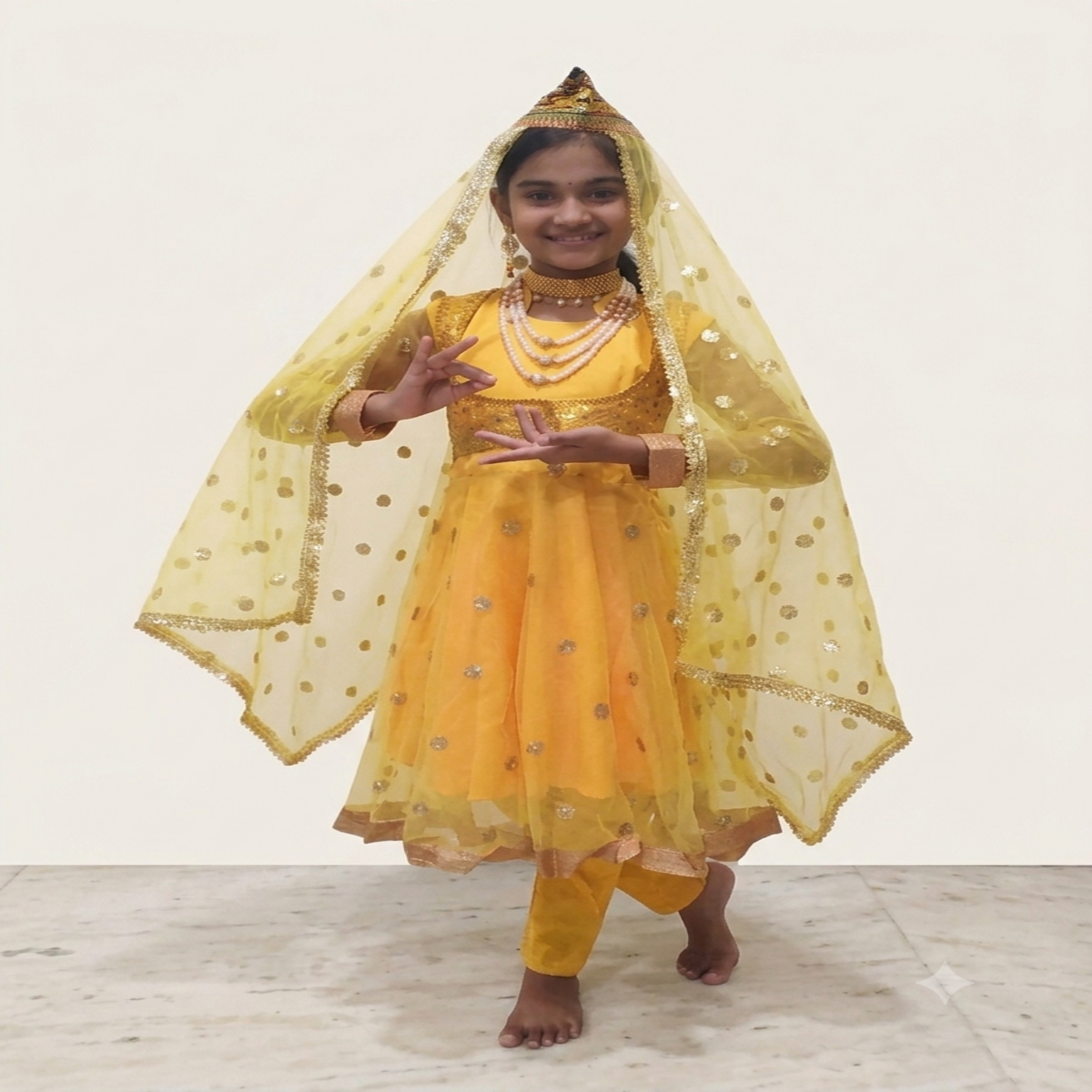 Anarkali Indian Classical Dance Costume For Girls-YELLOW
