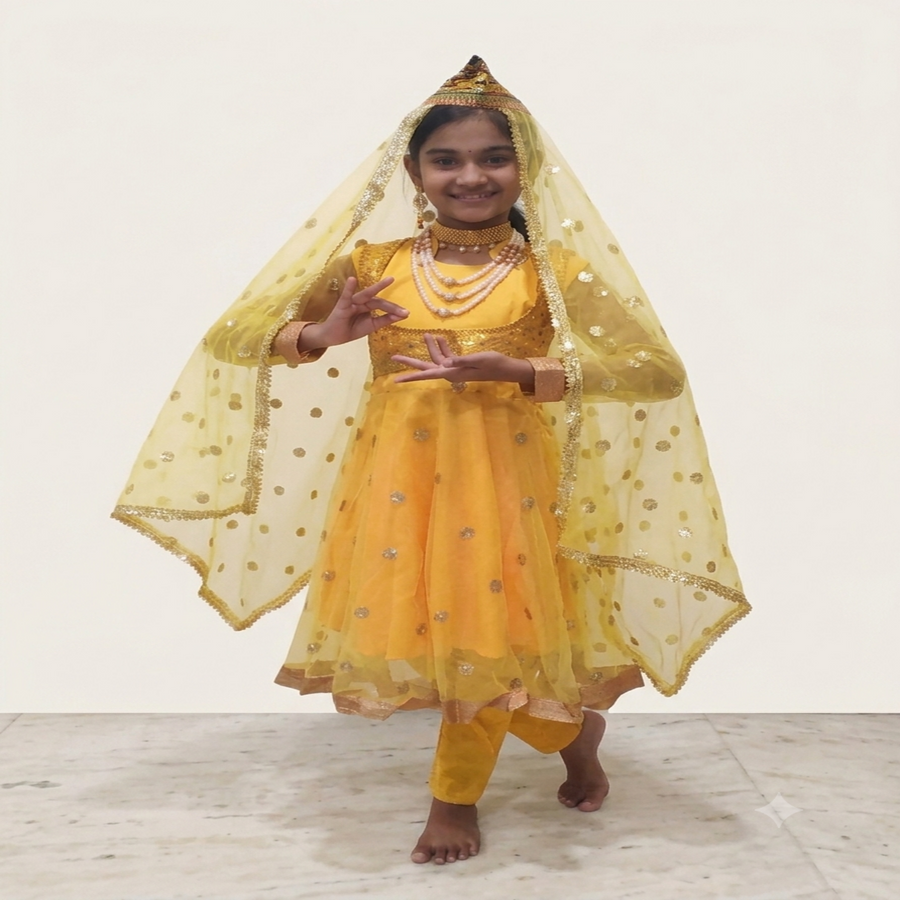 Anarkali Indian Classical Dance Costume For Girls-YELLOW
