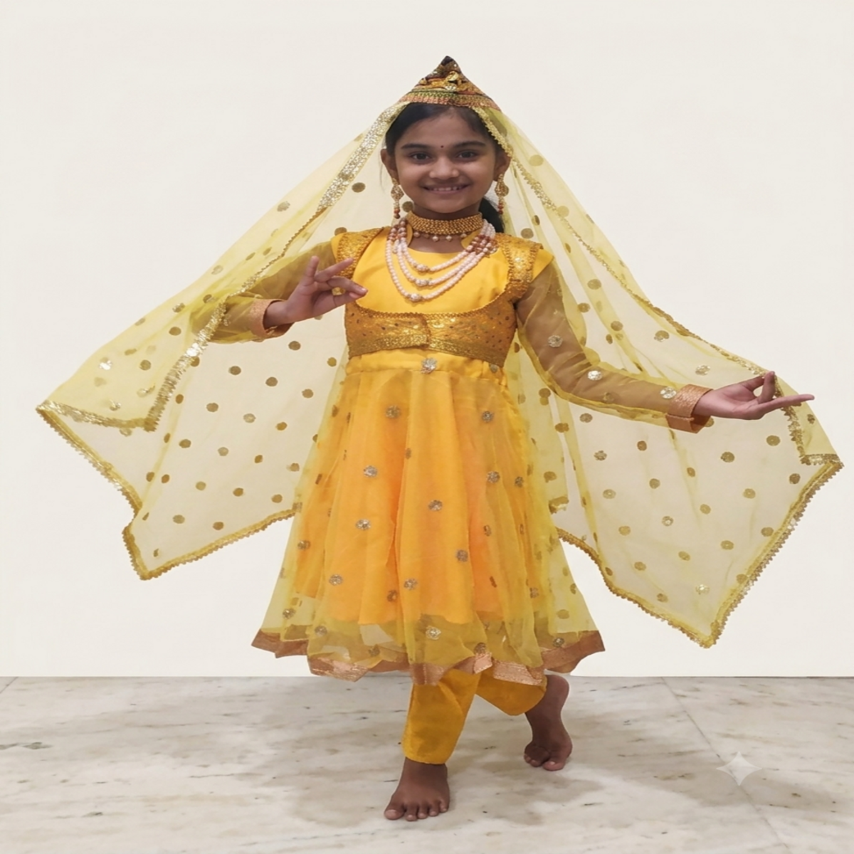 Anarkali Indian Classical Dance Costume For Girls-YELLOW