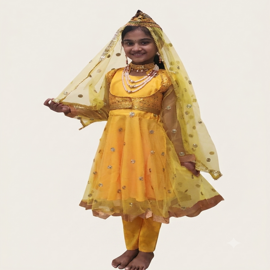 Anarkali Indian Classical Dance Costume For Girls-YELLOW
