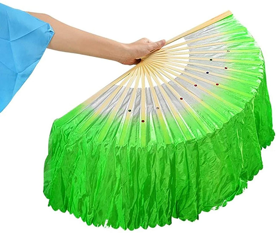 Japanese | Chinese  Silk Veil Assorted GREEN Color Bamboo Fan For Adults and Kids